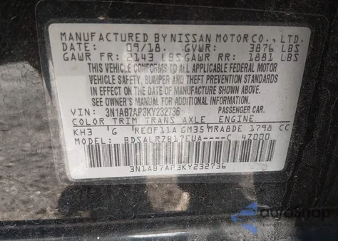 2019 Nissan Sentra Sr z USA, uszkodzony, nr VIN 3N1AB7AP3KY232736